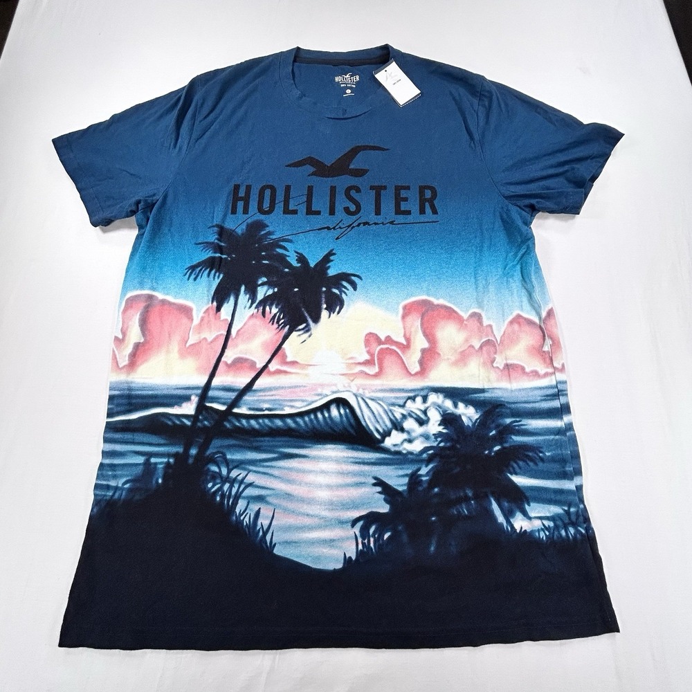 NEW Hollister California Shirt Mens L Blue Palm Tree Ocean Sunset Tee Surf Y2K